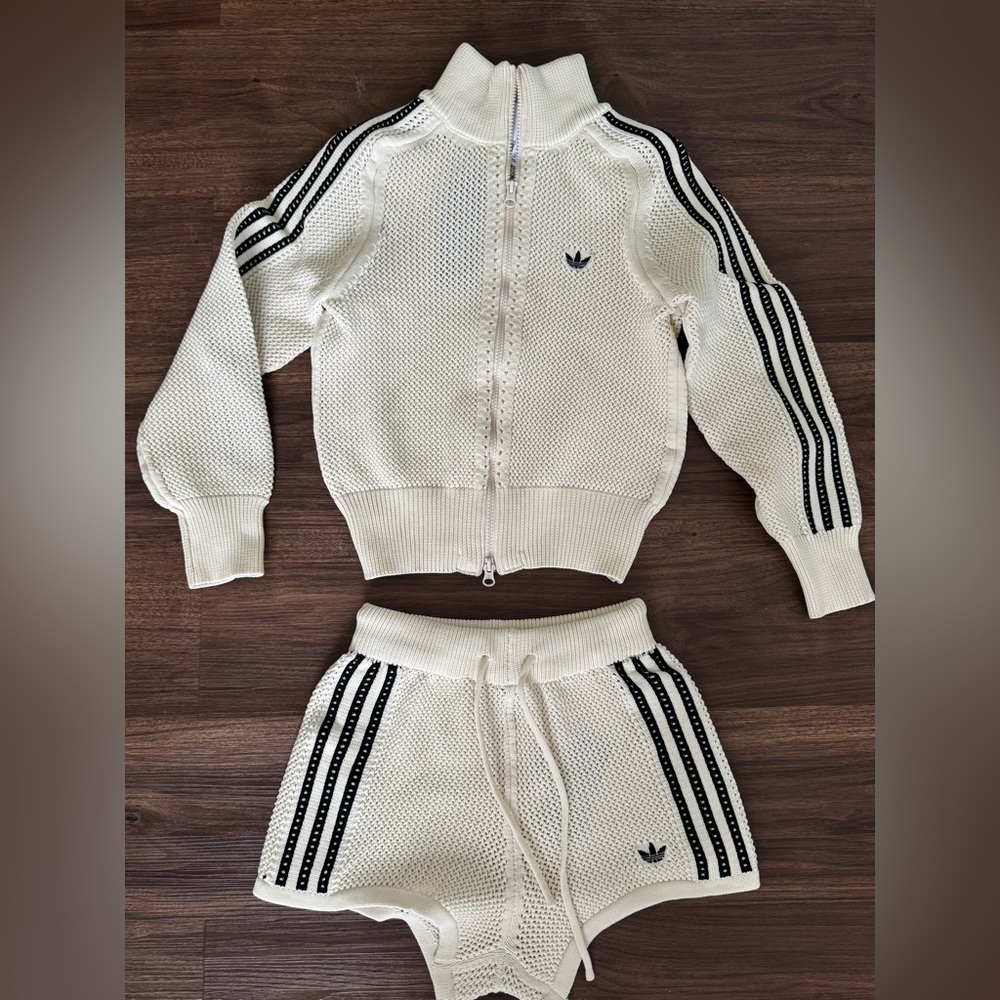 Adidas White Crochet Track Jacket and Sprinter Short Set